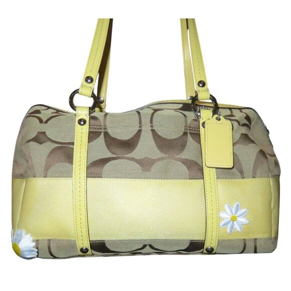Coach Heritage Signature Canvas Yellow Stripe Barrel Satchel Hand Sewn Appliques - Picture 1 of 11
